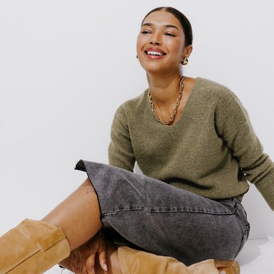Pull fin long col v femme La Redoute