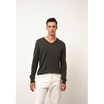 WALT pull col v kaki chiné en cachemire JUST CASHMERE