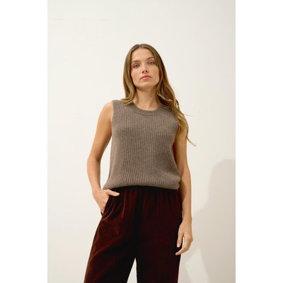 Débardeur Col Rond 6 Fils Taupe Chiné Dampa JUST CASHMERE