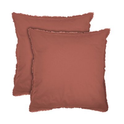 Set de 2 taies d’oreiller unies à franges, COTON LAVÉ MATT ET ROSE