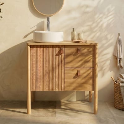 Meuble chêne 80cm sur pieds et vasque céramique blanche JOY MOB IN