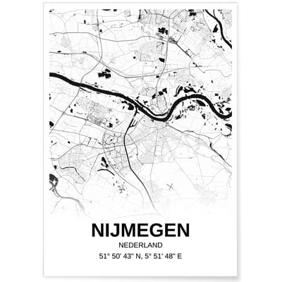 Affiche carte Nijmegen - rectangle Noir et Blanc L'AFFICHERIE