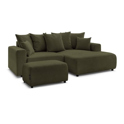 Canapé d'angle convertible 5 places en tissu chiné avec pouf, ATILLA BOBOCHIC
