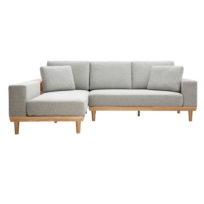 Canapé d'angle gauche 5 places avec rangements en tissu effet velours texturé gris clair et bois clair KOMAO MILIBOO