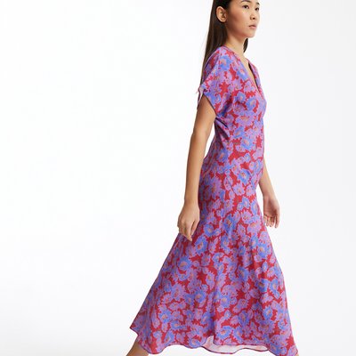Vestido largo de motivos florales, escote en pico, manga corta LA REDOUTE COLLECTIONS