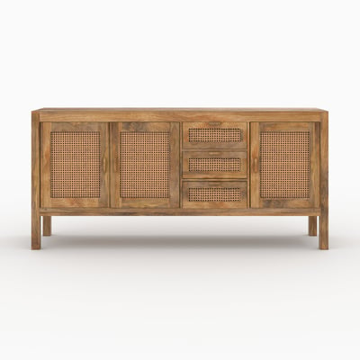 Buffet 3 portes et 3 tiroirs en bois de manguier et cannage - TIKI MAISON PAVANE