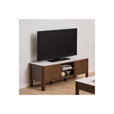 Meuble TV en céramique et chêne fumé 2 portes 2 niches L120 - SIMONE HELLIN, DEPUIS 1862