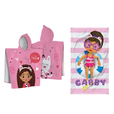 Ensemble Cape de bain et Drap de plage imprimés 100% Coton, DUO X PINK GABBY'S DOLLHOUSE