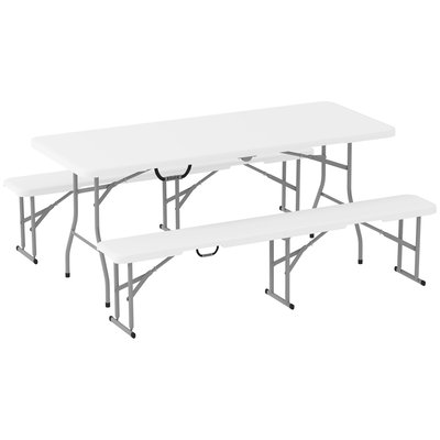 Ensemble table 2 bancs pliables avec poignées métal époxy HDPE blanc OUTSUNNY