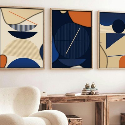 Tableau graphique bleus et orange – cadre bois (lot de 3) PIER IMPORT