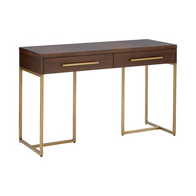 Mid Centry Inspired Console Table with Parquet Wooden Top and Antique Brass Finished Legs SO'HOME