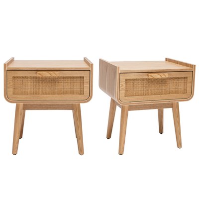 Tables de chevet avec tiroir en bois clair frêne et cannage rotin L50 cm (lot de 2) ATHÈNE MILIBOO