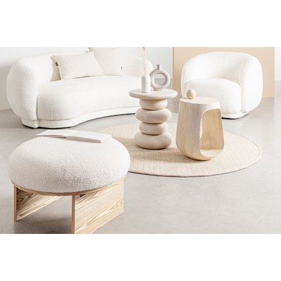 Pouf rond en bois et bouclette blanc D60 - PAVEL HELLIN, DEPUIS 1862