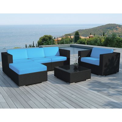 Salon de jardin en résine canapé avec méridienne + fauteuil tissu bleu + table basse PIER IMPORT