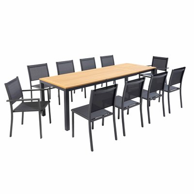 Salon de jardin, table extensible en aluminium et bois d'acacia avec 10 assises, SPLIT OVIALA