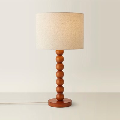 Walnut Wood Bobbin Table Lamp with Linen Drum Shade SO'HOME