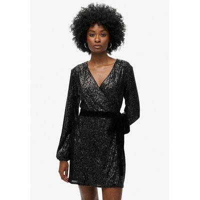 Vestido cruzado curto, em veludo e lantejoulas SUPERDRY