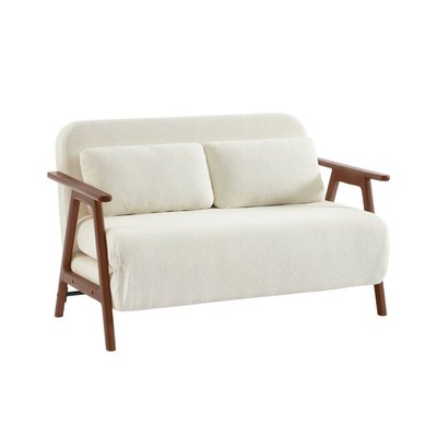 Banquette canapé convertible 2 places bois d'hévéa teinté noyer clair et bouclette texturée SVEN SWEEEK