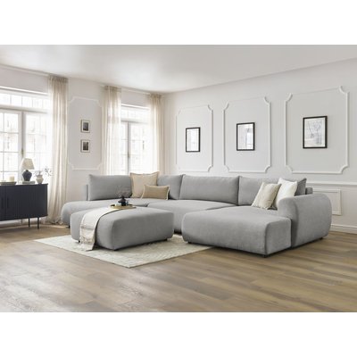 Canapé panoramique convertible 6 places en tissu lisse avec pouf, LUCIEN BOBOCHIC
