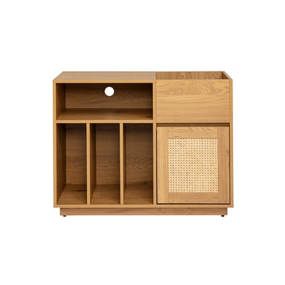 Buffet de rangement vinyles finition bois clair chêne et cannage rotin L95 cm ALICANTE MILIBOO