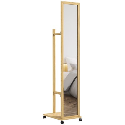 Miroir sur pied avec roulettes - portant, étagère - bois de jabon verni HOMCOM