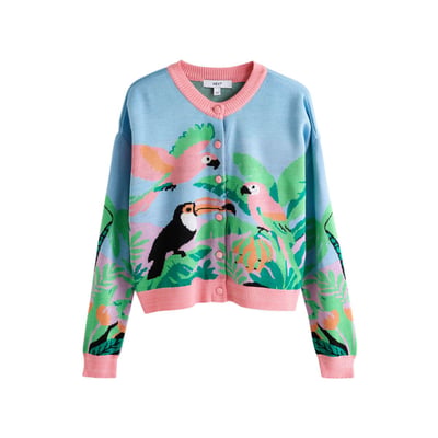 Cardigan ras du cou à motif oiseaux tropicaux NEXT