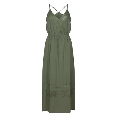 Robe longue à bretelles kaki unie à coupe fluide et à col v en dentelle FREEMAN T. PORTER