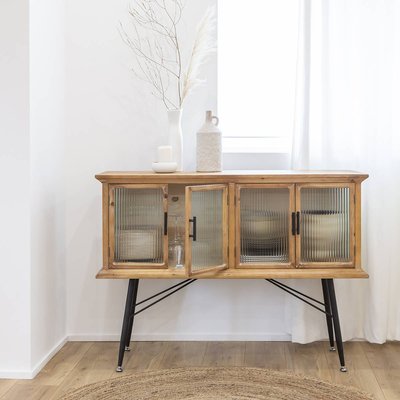 Buffet vitrine en bois de sapin et verre strié 4 portes  NICOLE MADE IN MEUBLES 
