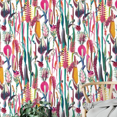 Papier peint botanique et moderne avec plantes et fleurs - 340x260 cm (l x h) LA TOUCHE ORIGINALE