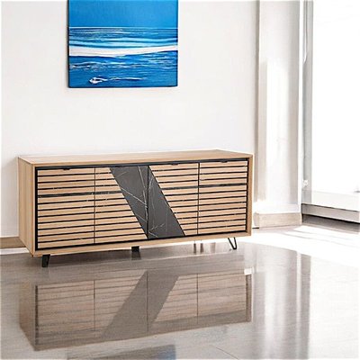 Enfilade 4 portes chêne blanc décor graphique ESSEN PIER IMPORT