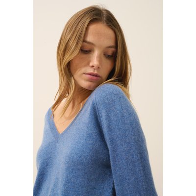 Pull Col V  Bleu Denim Phoebe JUST CASHMERE