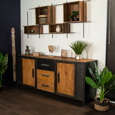 Buffet salle à manger bois de teck recyclé métal vieilli CLEVELAND PIER IMPORT