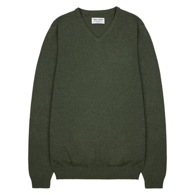 Pull en coton kaki uni à col v avec le nom de la marque en petit TEDDY SMITH