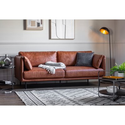 Ashar Mid-Century Vintage Leather Sofa with Black Metal Legs SO'HOME