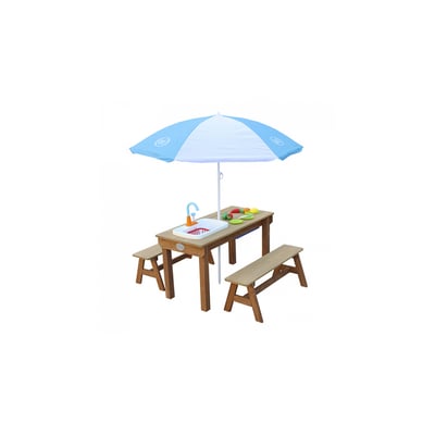 AXI Dennis Table sable et eau Picnic avec cuisine evier et banc Marron Parasol Bleu Blanc AXI HOUSE