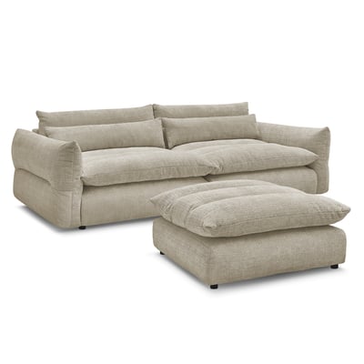 Canapé droit fixe 3 places en tissu texturé avec pouf, NEIL BOBOCHIC