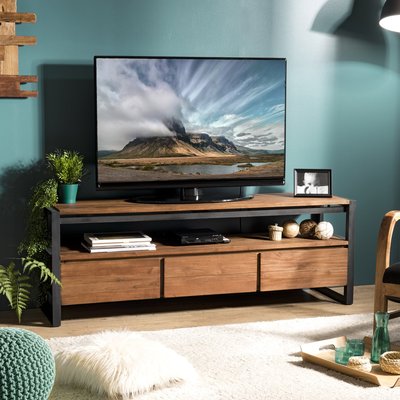 Meuble TV moderne style industriel 160cm en bois recyclé et métal avec 3 tiroirs SWING PIER IMPORT