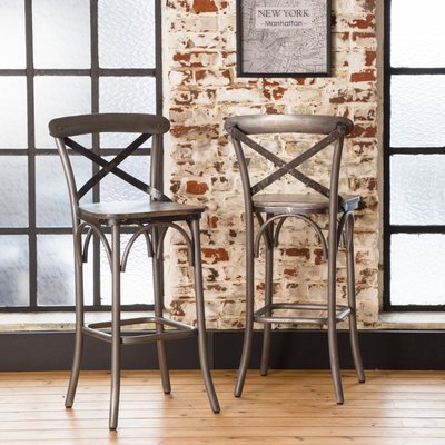 Tabouret de bar en métal gris et assise en bois de manguier gris  GREY MADE IN MEUBLES 