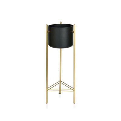 Cache-pot sur Pied en Métal Doré et Pot Noir - Hauteur 66cm WADIGA