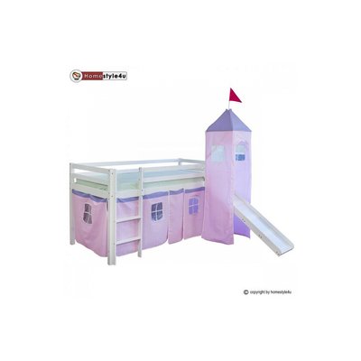 Lit Simple Blanc 90x200 en hauteur avec echelle Rideau et Tour Rose et Toboggan HOMESTYLE4U