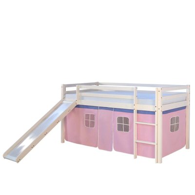 Lit Simple Blanc 90x200 en hauteur avec echelle et rideau rose et toboggan HOMESTYLE4U