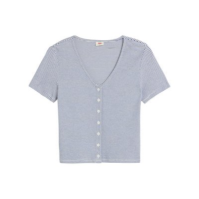 Tee-shirt coupe ajustée FEMME Levi's® en coton blanc à rayures bleues marine avec un col v - Taille XS LEVI'S