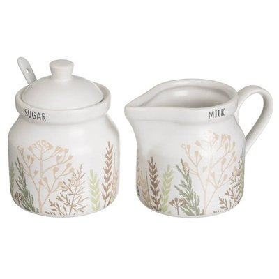 Sucrier + pot à lait en céramique blanche motif herbes WADIGA