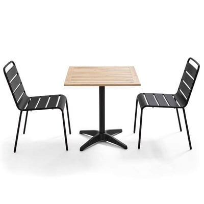 Table de terrasse carrée en bois et 2 chaises en métal, TIMES SQUARE OVIALA