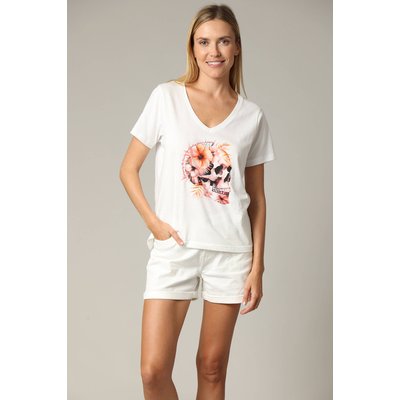 T-shirt femme exotique à manches courtes et au col V à 100% coton TROPISKULL DEELUXE