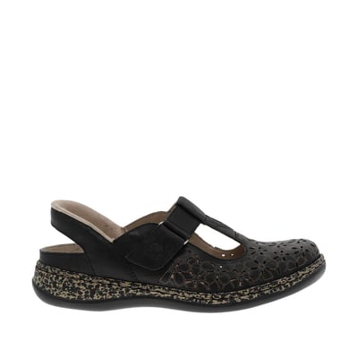 Ballerines emboitant en cuir noires à talon plat avec une bande auto-agrippante RIEKER