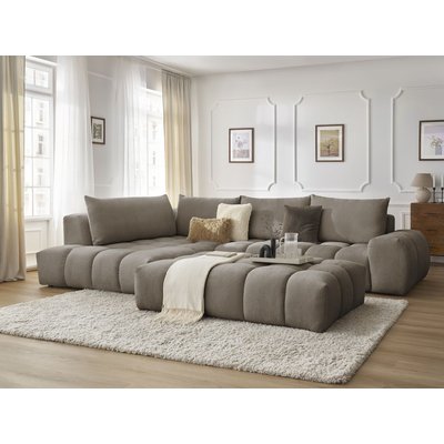 Canapé d'angle fixe 5 places en tissu texturé avec pouf, EVEREST BOBOCHIC