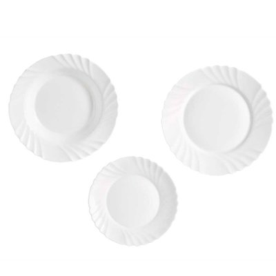 Service de 18 assiettes en verre opale blanc avec relief: plates, creuses et à dessert WADIGA