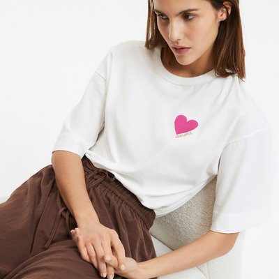 T-shirt com gola redonda e bordado no peito, mangas curtas LA REDOUTE COLLECTIONS