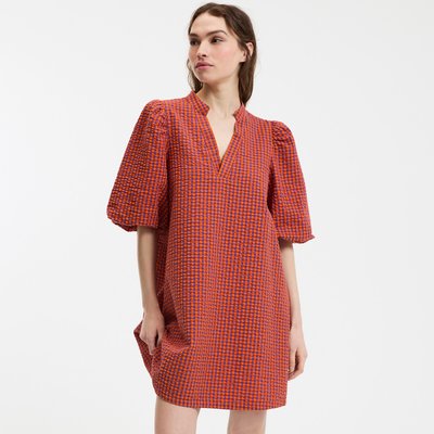 Короткое платье в клетку с V-образным вырезом и рукавами-баллонами LA REDOUTE COLLECTIONS
